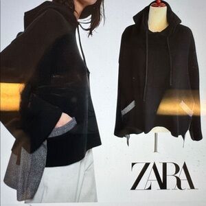Zara Women's Chunky Knit Black Hooded Sweater Plaid Trim Oversized Size M